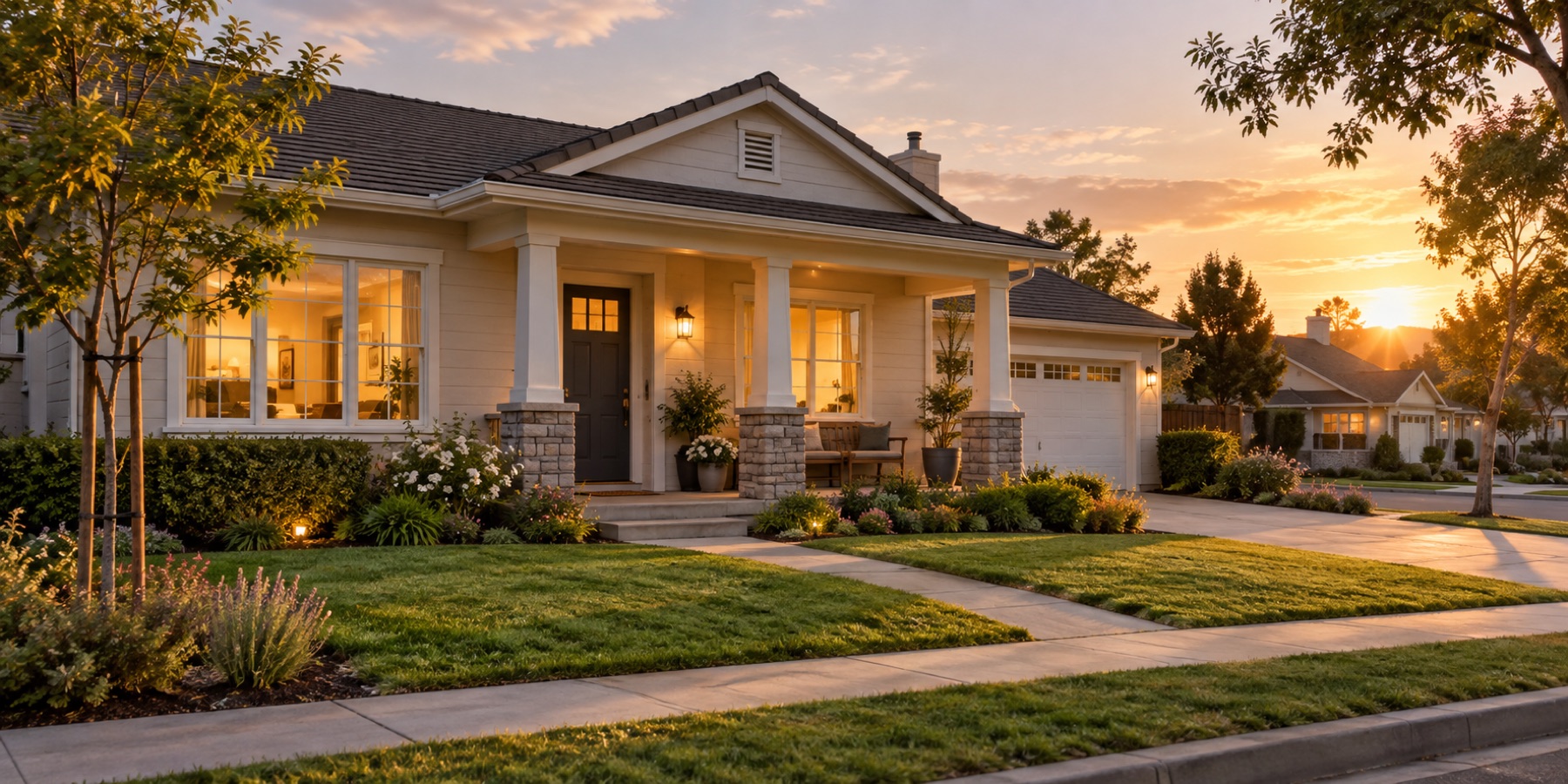 Welcoming attainable suburban home at golden hour